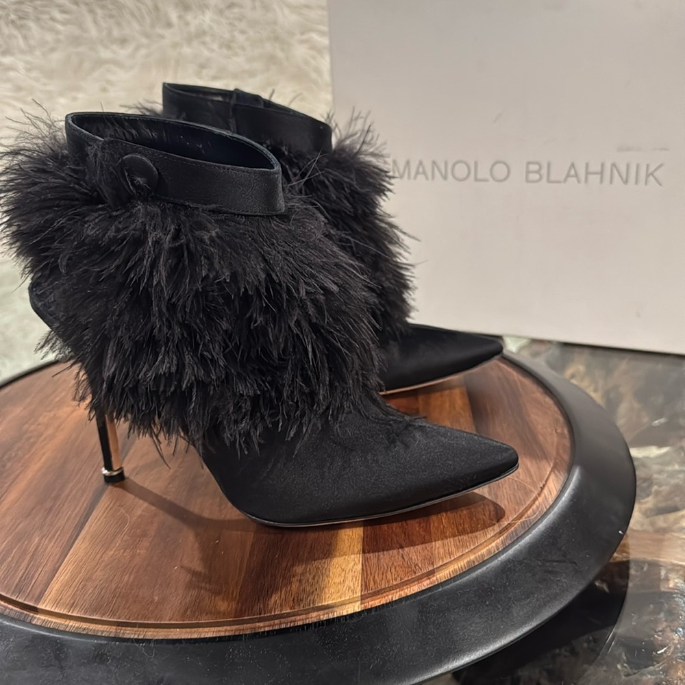 Manolo Blahnik feather-trimmed satin booties